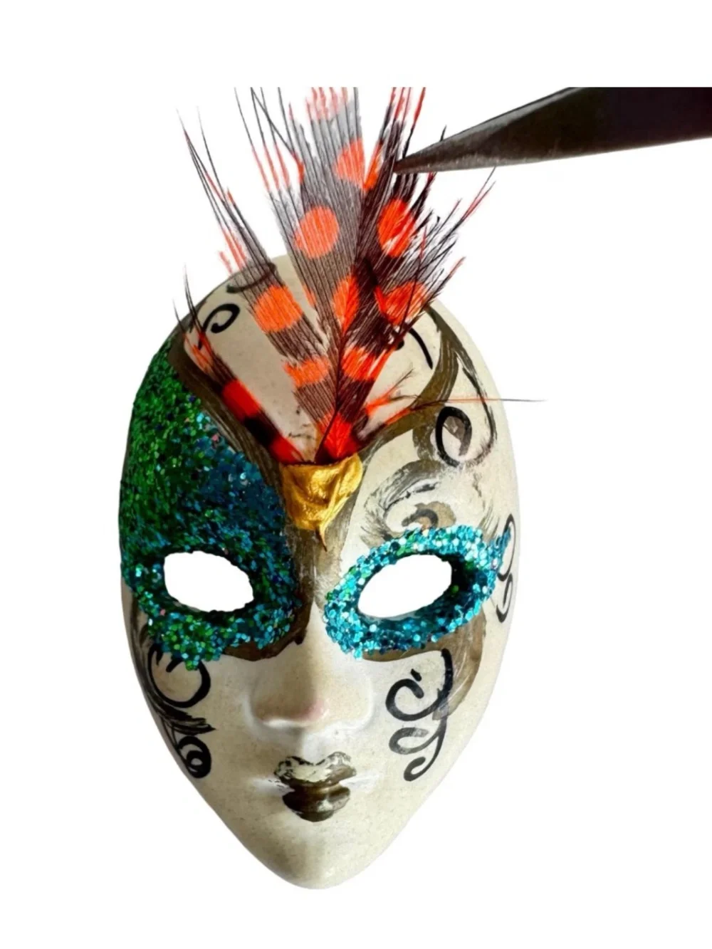 Vtg Venetian Style Masquerade Mask Brooch Pin Mardi Gras Carnival Glitter Boxed